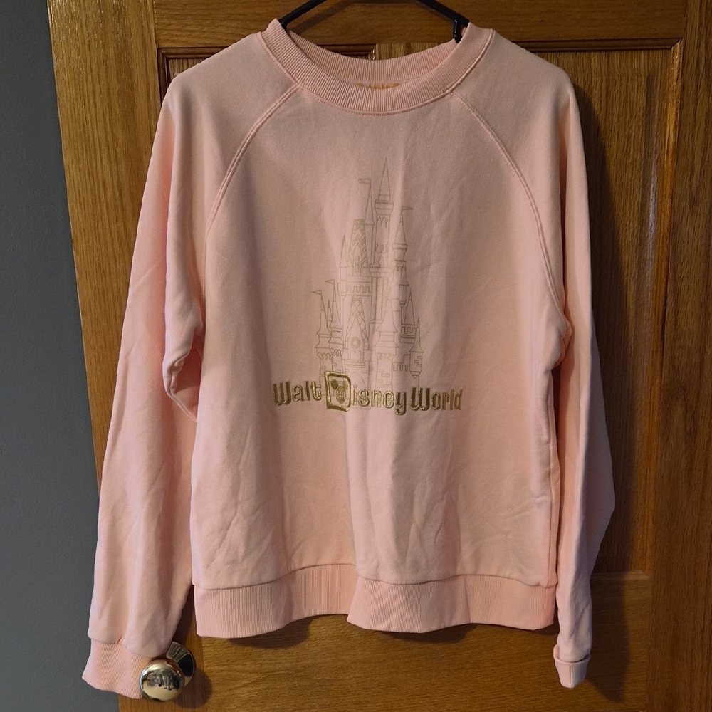 Disney Women's Pink Crew Neck Sweater with Gold Design